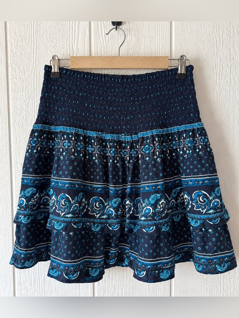 Superdry Women’s Paisley Tiered Mini Skirt Size 6 Navy Blue Boho